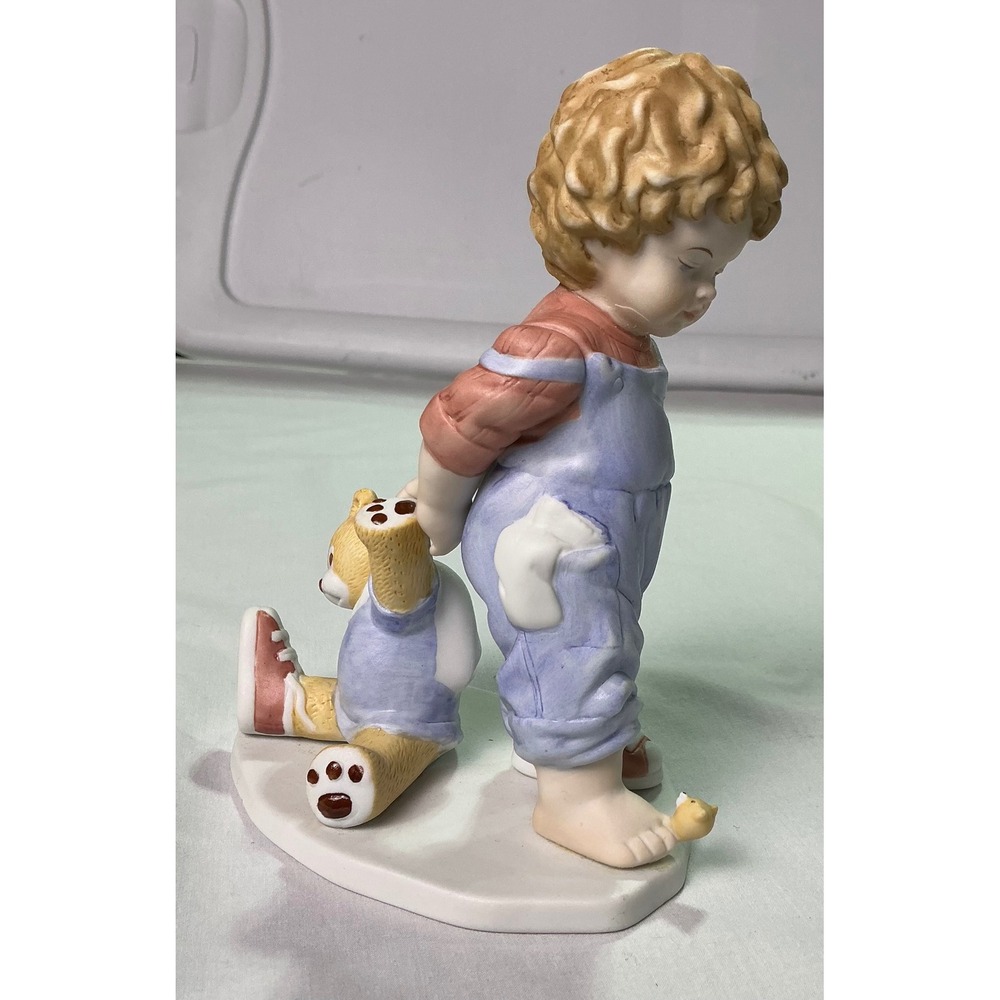 Porcelain Boy Pulling Teddy Bear Figurine Pastel Nursery Decor 6.5in
